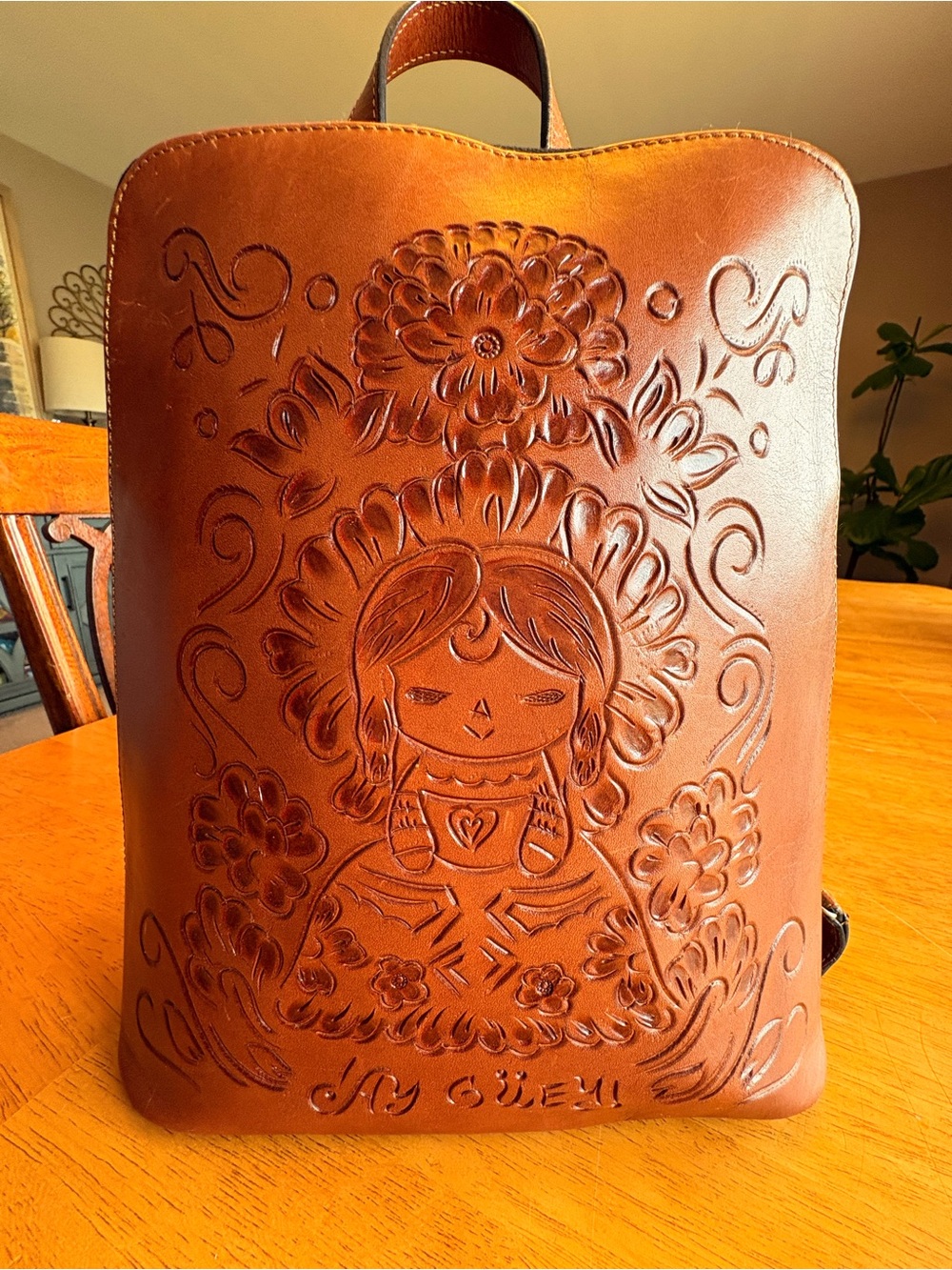 Hand-Tooled Floral Doll Leather Backpack - Brown